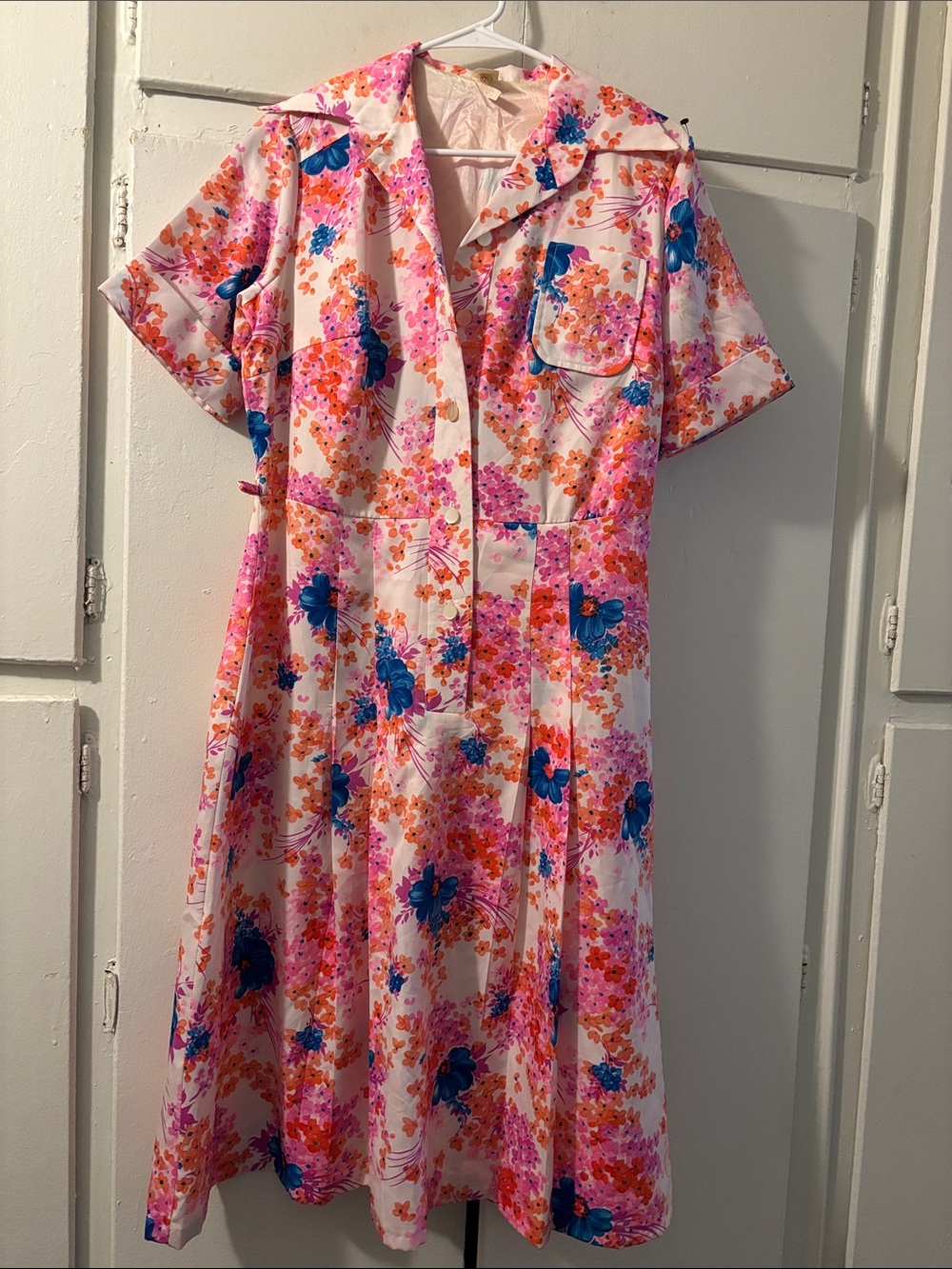 Vintage Floral Shirtwaist Dress in Pink, Orange & Blue